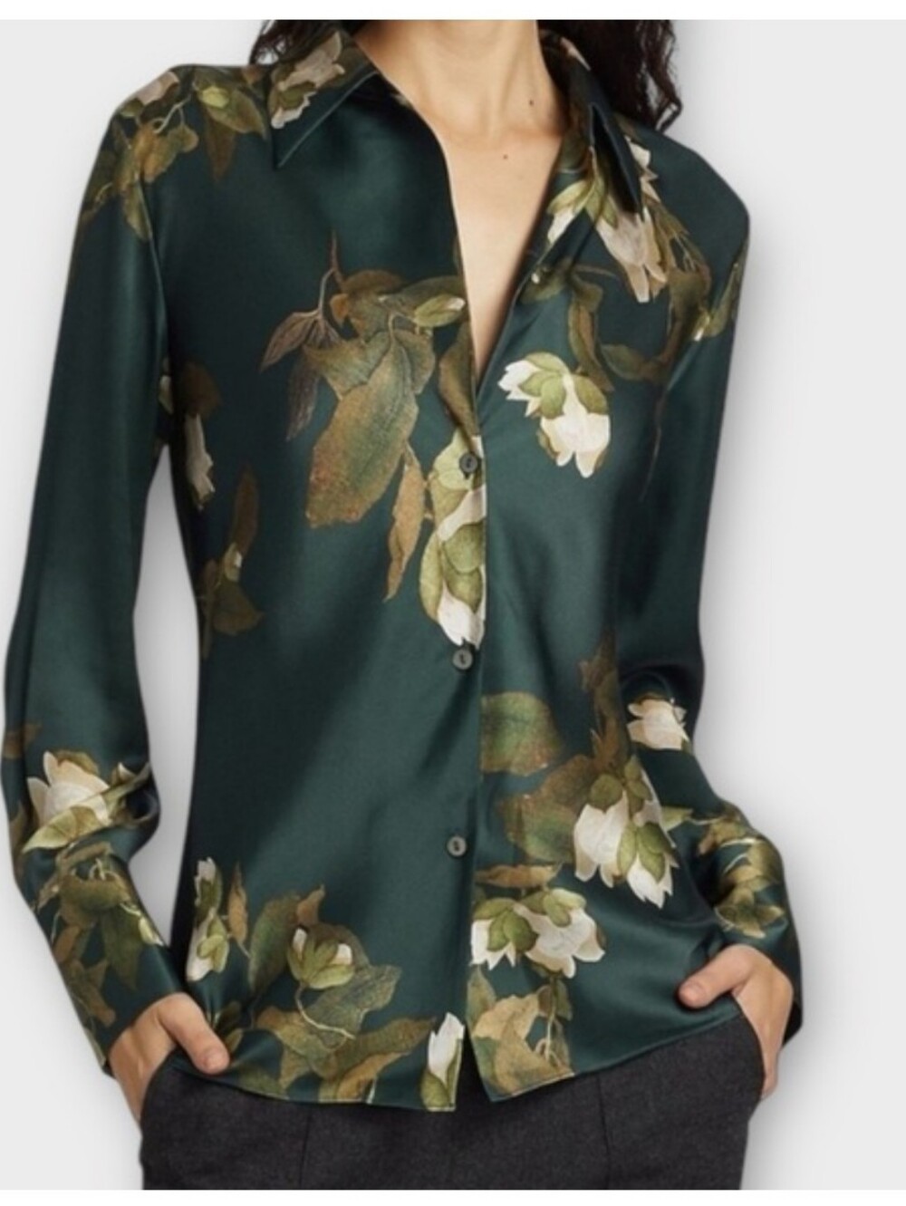 Silky Black Floral Button-Up Blouse - Picture 3 of 11